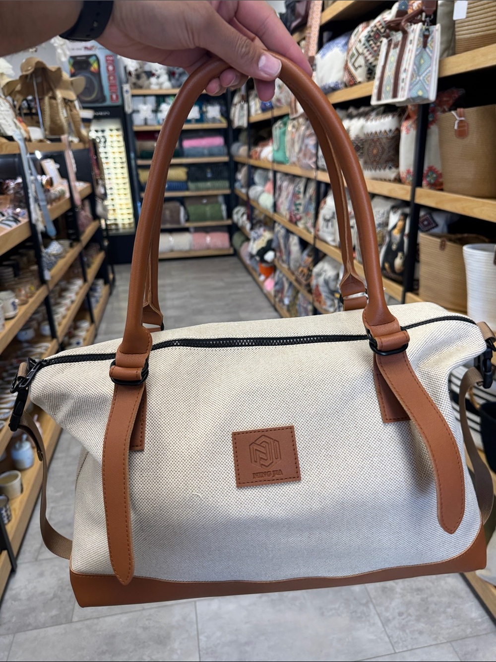 Canvas Weekend Tote Bag with Tan Trim